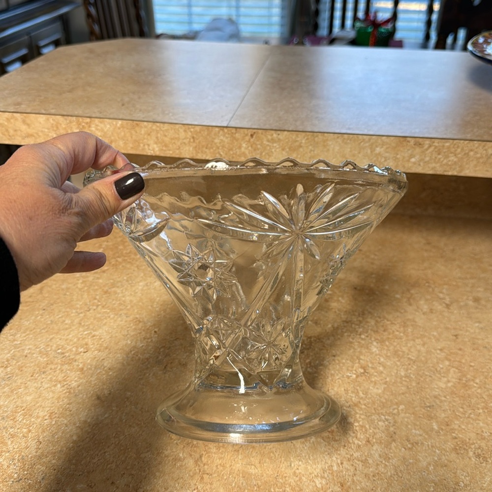 Vintage glass etched Trifle Dish with pedestal and scalloped rim